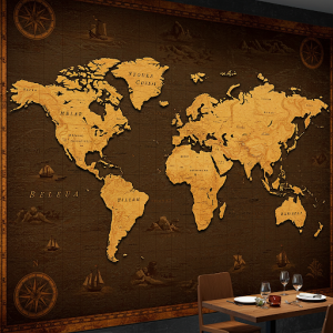 Vintage Map with Raised Details, highlighted continents with a tactile 3D effect, perfect for a travel-themed restaurant.