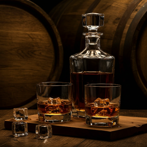 Whiskey Still Life Bar Mural: Elegant glassware, amber liquid, and oak barrels.