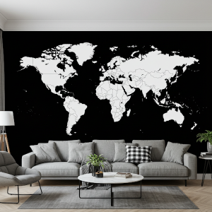 White World Map on Black Background Wallpaper Mural: Reversing the traditional color scheme for a dramatic and contemporary statement.