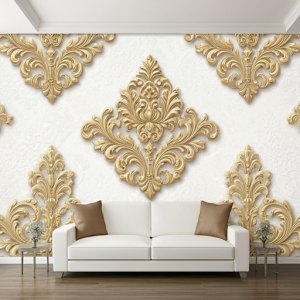 White and gold damask 3d wallpaper mural