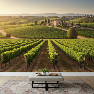 Wine Country Landscape Mural: Rolling vineyards, grapevines, and a distant winery.