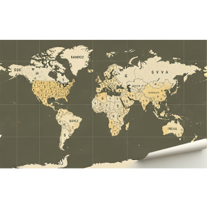 World Currencies Map. Small illustrations or symbols of each country's currency are placed within its borders.