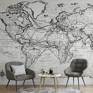 World Map with Travel Routes/Lines (Black & White) Wallpaper Mural.
