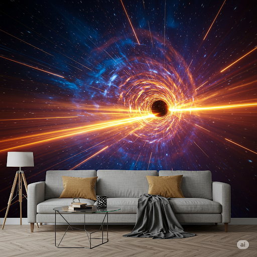 Wormhole or Hyperspace Tunnel 3D Wallpaper Mural. Abstract designs with swirling lights and colors give the illusion of traveling at incredible speeds through space. Wormhole or Hyperspace Tunnel 3D Wallpaper Mural.