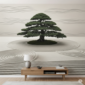 Zen Garden with Textured Elements Wallpaper. A minimalist mural depicting a raked sand garden, with a single large bonsai tree. The "sand" is subtly textured with raised ink for a tactile experience.