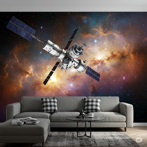 a 3D wallpaper mural of space a station a 3D wallpaper mural of space a station