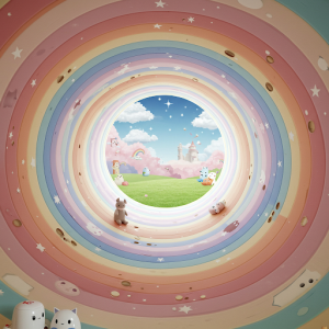 a child's room with a vibrant, cartoonish tunnel leading to a fantasy land