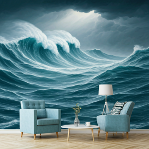 a dramatic depiction of a stormy sea, an ocean waves wallpaper mural