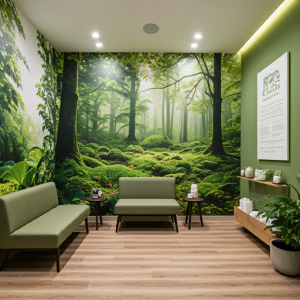 a medical spa waiting area design with nature wallpaper