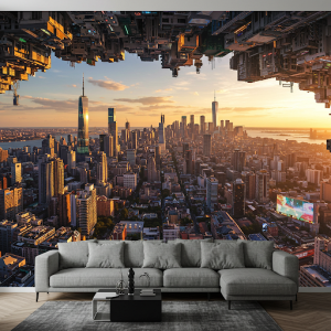 a panoramic view of a vibrant metropolis 3D wallpaper mural.