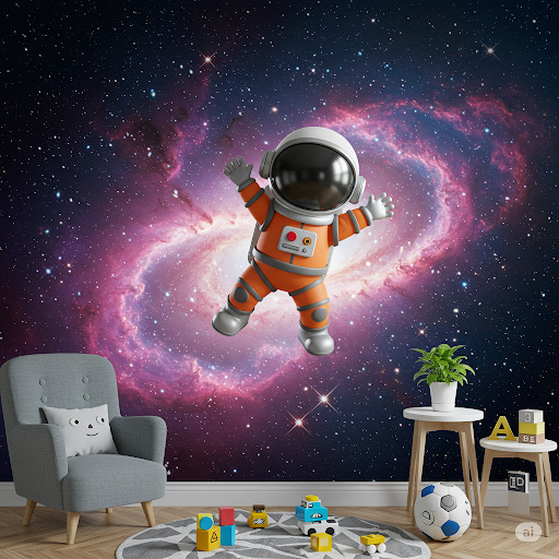a playful depiction of a cartoon astronaut 3d space wallpaper mural a playful depiction of a cartoon astronaut 3d space wallpaper mural