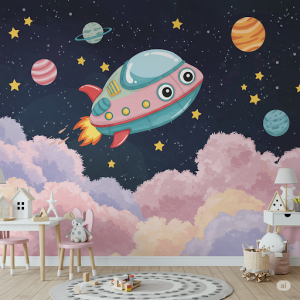 a whimsical spaceship wallpaper mural