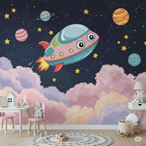 a whimsical spaceship wallpaper mural a whimsical spaceship wallpaper mural