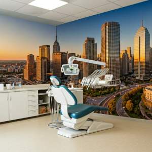 city skyline wallpaper mural in a dental clinic