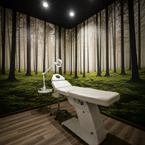 creating calm ambiance in a beauty clinic with nature mural and lighting.