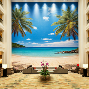 in hotel lobby, a large-scale mural depicting a serene beach scene