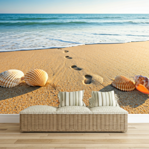 realistic sand, shells, and footprints beach wallpaper mural