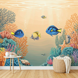 serene underwater scene with vibrant coral reefs and playful fish wallpaper