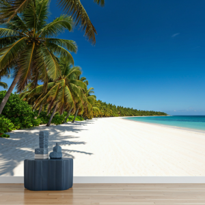 swaying palm trees lining a pristine white sand beach wallpaper