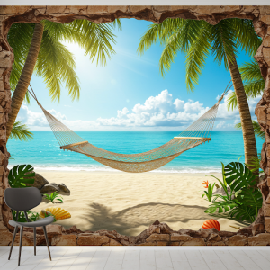 3D beach mural with a hammock