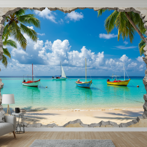 3D beach nature wallpaper mural with boats