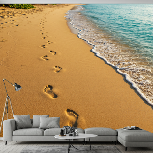 3D beach wallpaper mural with footprints in the sand