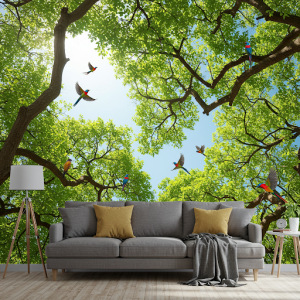 Branching trees and birds wallpaper mural