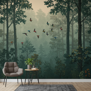Depth effect trees and birds wallpaper