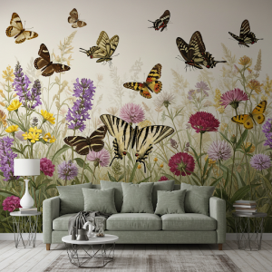 Detailed Butterfly and Floral Nature Wallpaper Mural. Intricate illustrations of various butterfly species among blooming flowers.