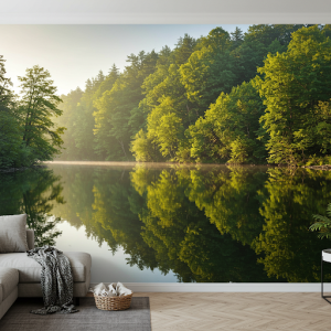 Forest reflecting in a calm lake, nature wallpaper mural.