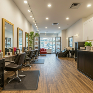 Hair salon layout to minimize congestion and ensure smooth movement of clients and staff