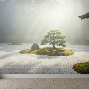 Japanese Zen garden scene wallpaper mural.