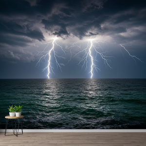Lightning storm over the ocean nature wallpaper mural.