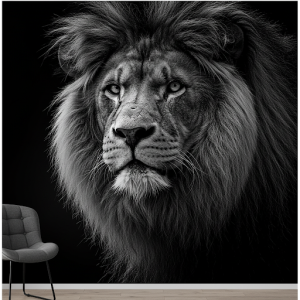 Majestic Lion Portrait Wallpaper Mural. A close-up, black and white portrait of a lion with a striking mane.