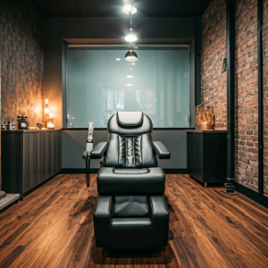 Massage room in men's hair salon interior design