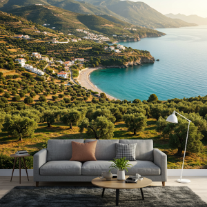 Mediterranean coastline with olive groves wallpaper mural.