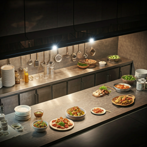 Small restaurant kitchen smart lighting system ensuring that lights are only used when needed. 