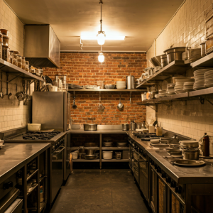 Small restaurant kitchen utilizing wall space for shelves and racks