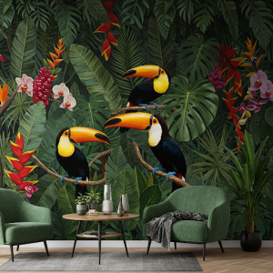 Tropical Birds in Lush Foliage Nature Wallpaper Mural. Vibrant toucans amidst colourful tropical leaves and flowers.