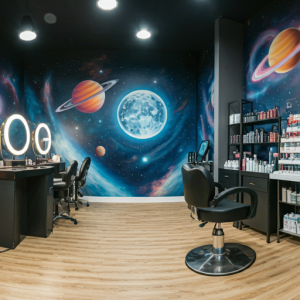 beauty parlour lighting and outer space mural