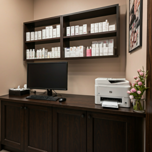 beauty salon consultation area with a computer table and a printer, close to the shelves and products