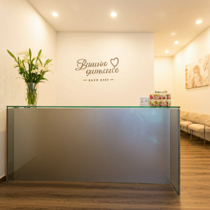 classic beauty salon reception desk and waiting area