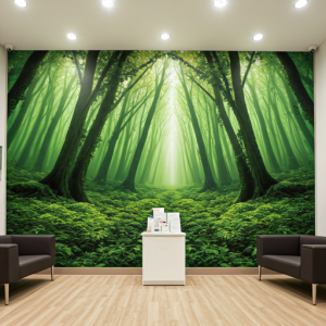 nature mural and soft lighting in a dermatology clinic waiting room