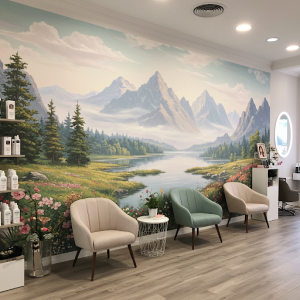 A calming nature scene mural creates a relaxing atmosphere in your waiting room.