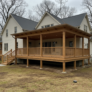 A canopy on independent supports is the optimal solution for a large porch erected after the house has been built on a separate foundation.