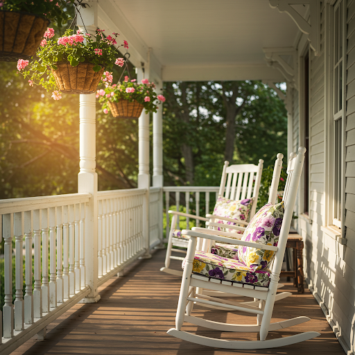 A cozy cottage porch decor with rocking chairs and floral cushions.