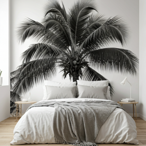 A large-scale black and white palm tree mural can serve as a stunning focal point for your bedroom.