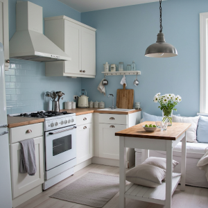 A pale blue color scheme looks great in small a kitchen