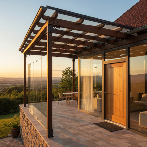 A porch veranda with a canopy for a private fully glazed and complemented by a separate external door.