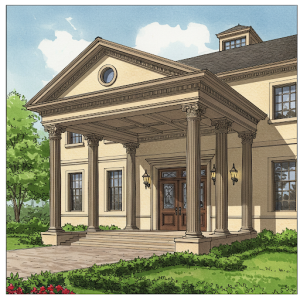 A portico design featuring a grand entrance with a roof supported by columns.